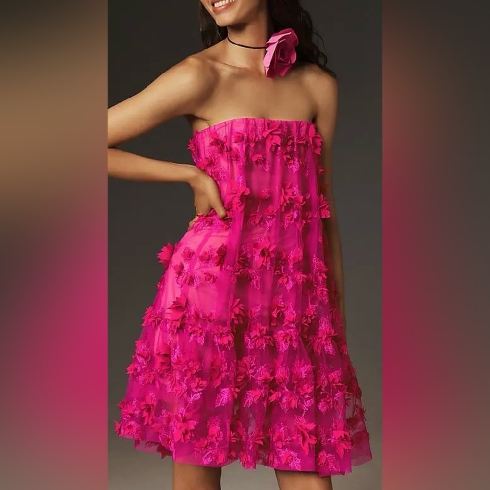 NEW Helsi Anthropologie Bianca Strapless 3D Floral Magenta Mini Dress Sz L